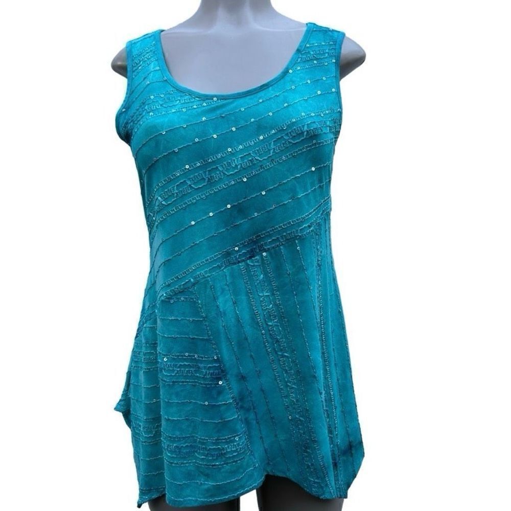 Sami & Jo Tunic Top Women’s Medium Turquoise Embroidered Sequin Sleeveless Cute